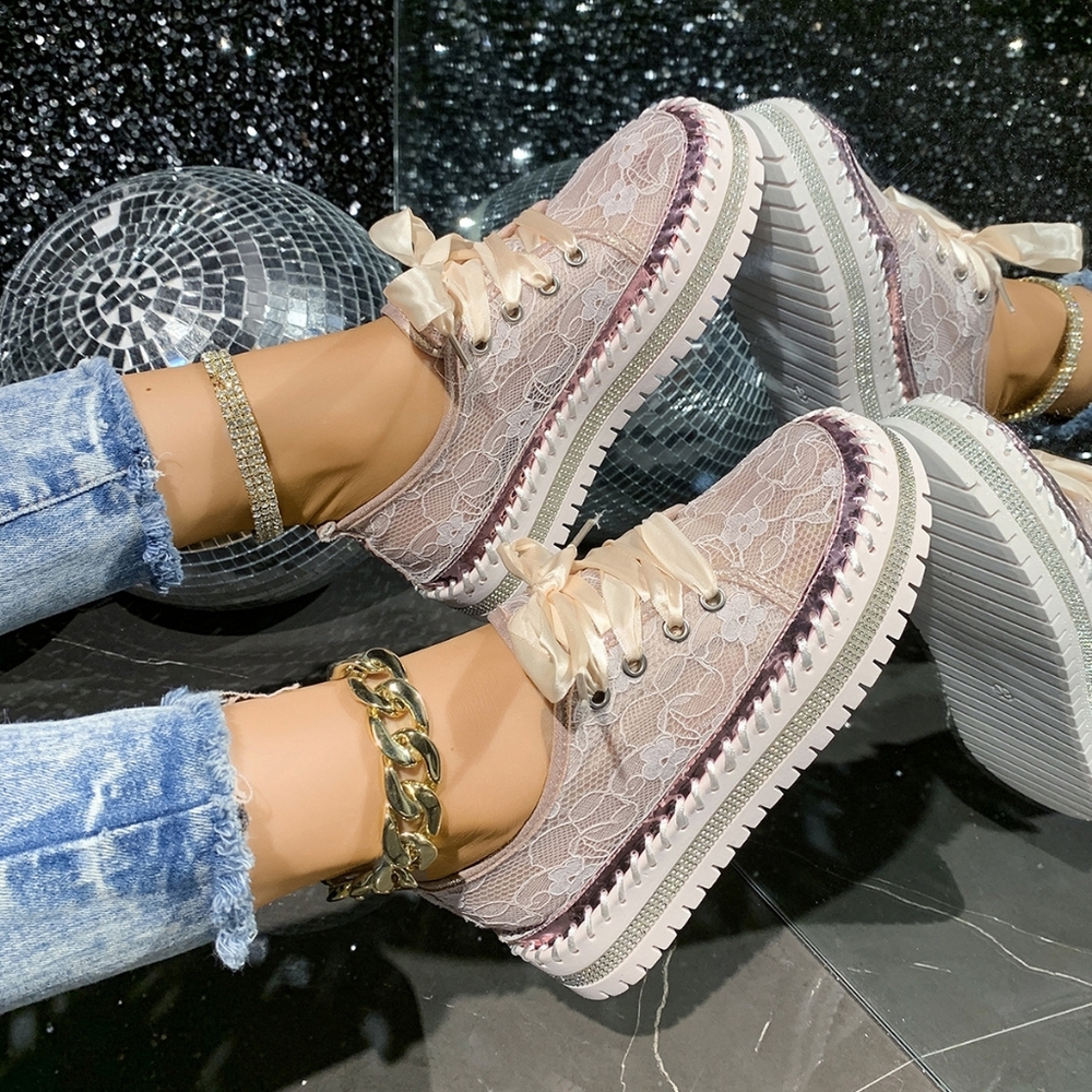 Lace Mesh Rhinestone Platform Sneakers Satin Ribbon Laces Retro Y2K Bling Shoes